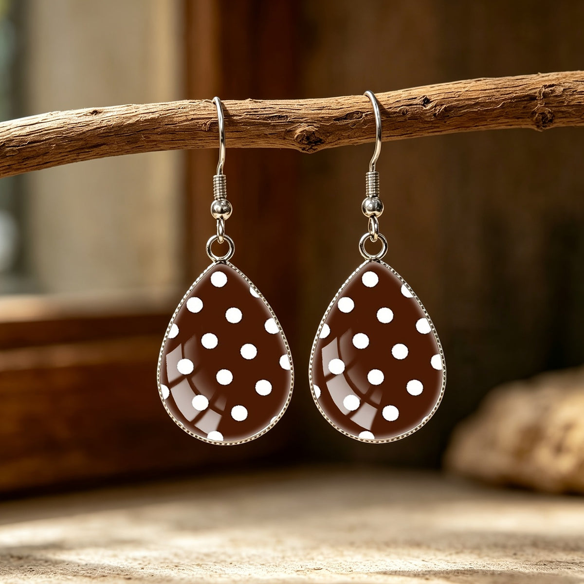 Brown Polka Dot Teardrop Earrings