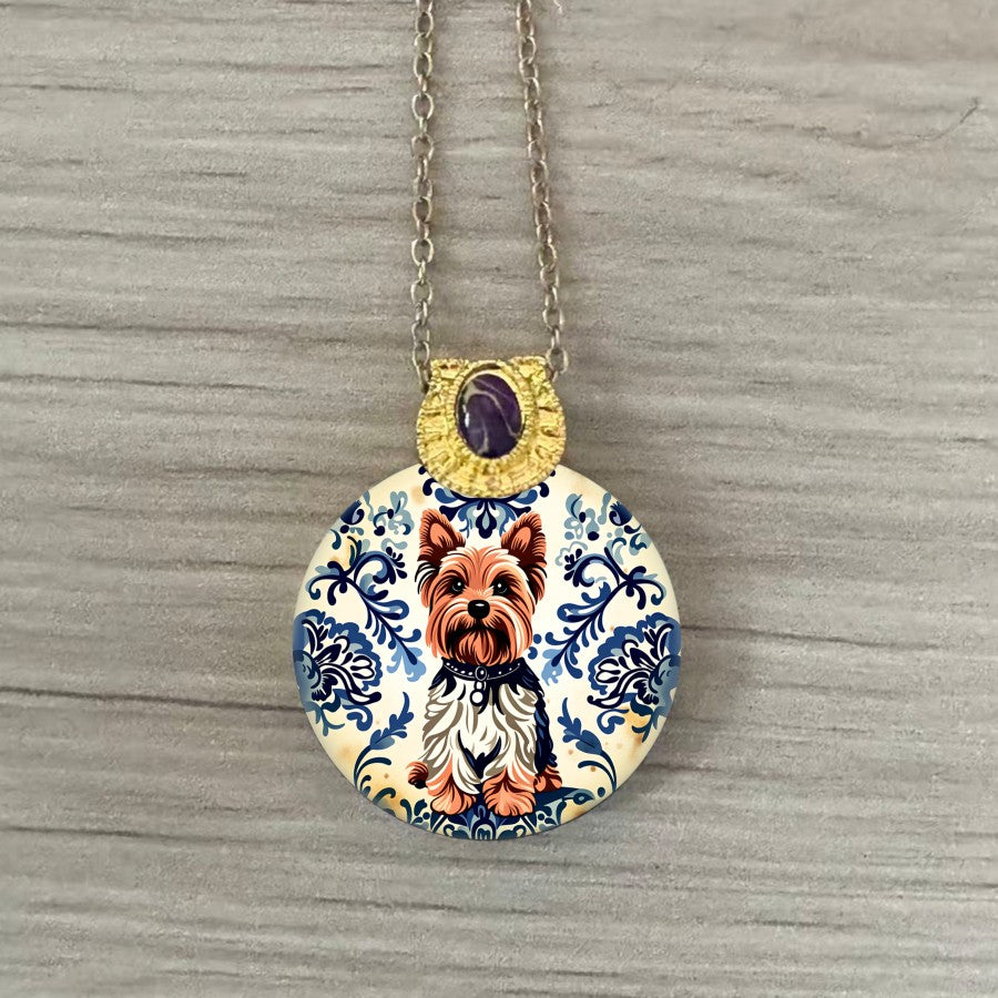 Yorkshire Terrier Floral Pendant Necklace