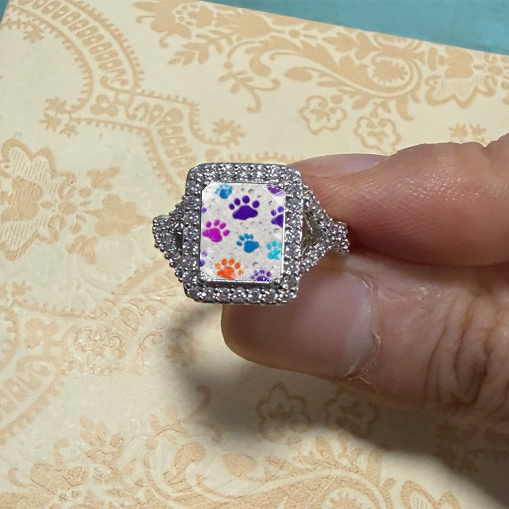 White Colorful Paw Print Square Ring