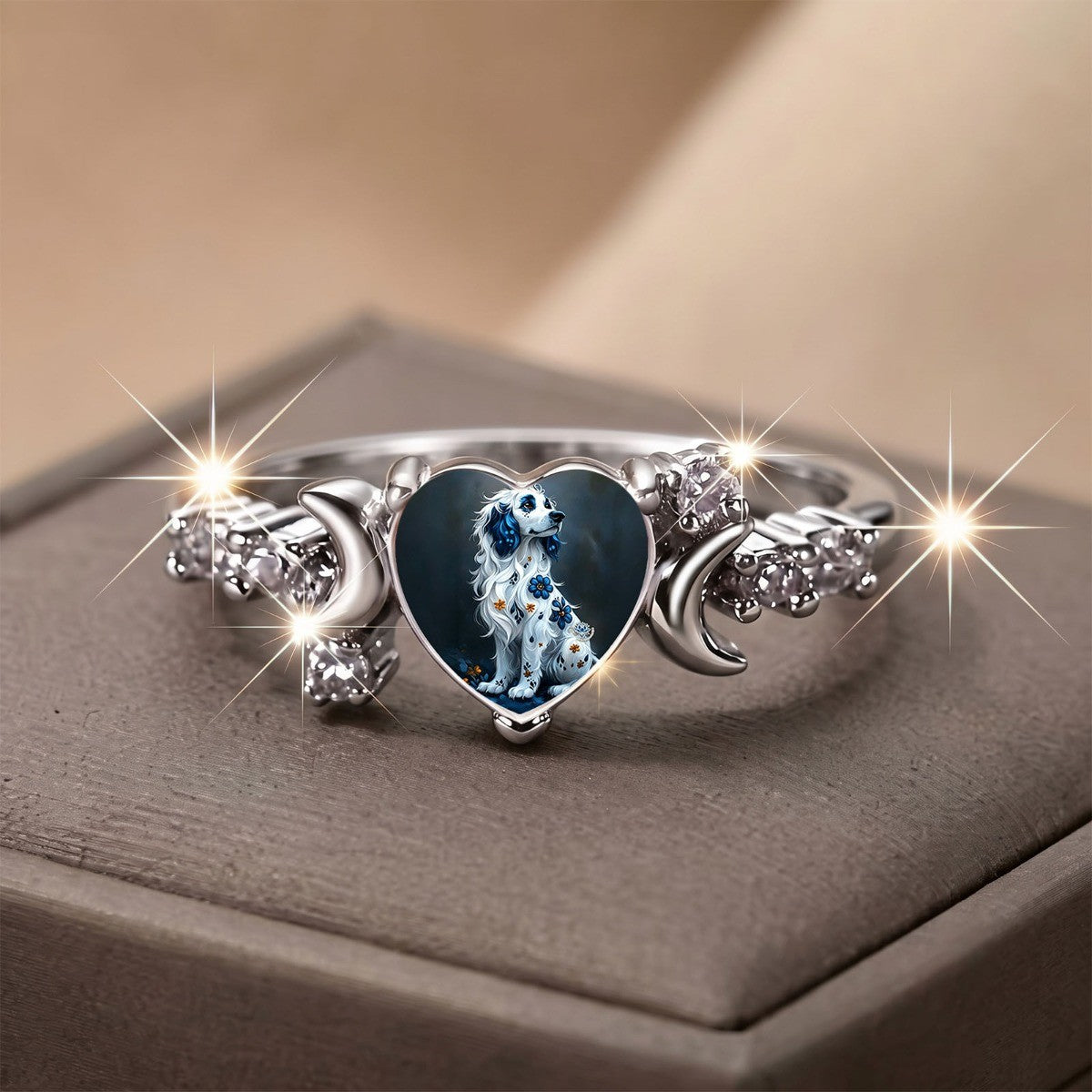 Blue Floral Dog Heart Ring