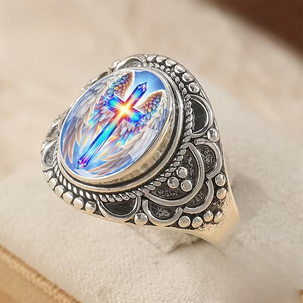 Iridescent Winged Cross Ring