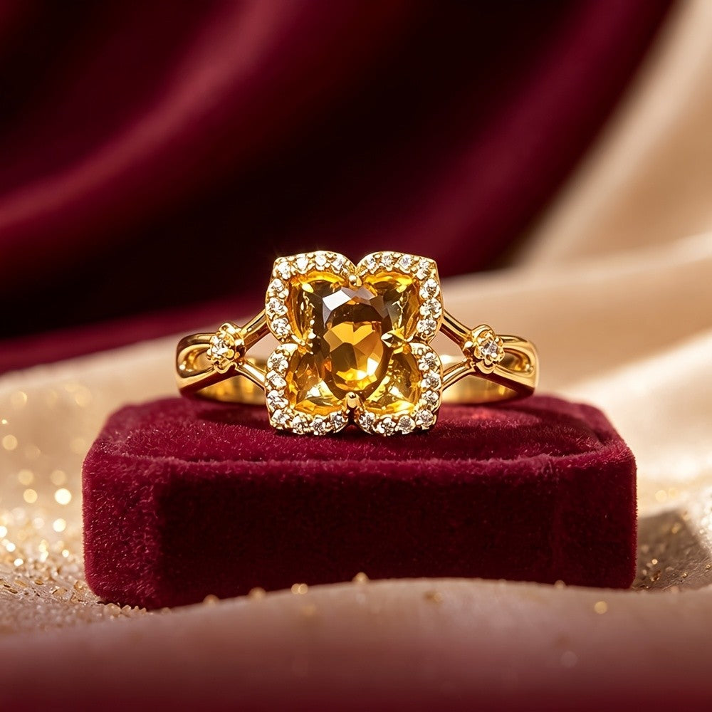 Yellow Crystal Clover Ring