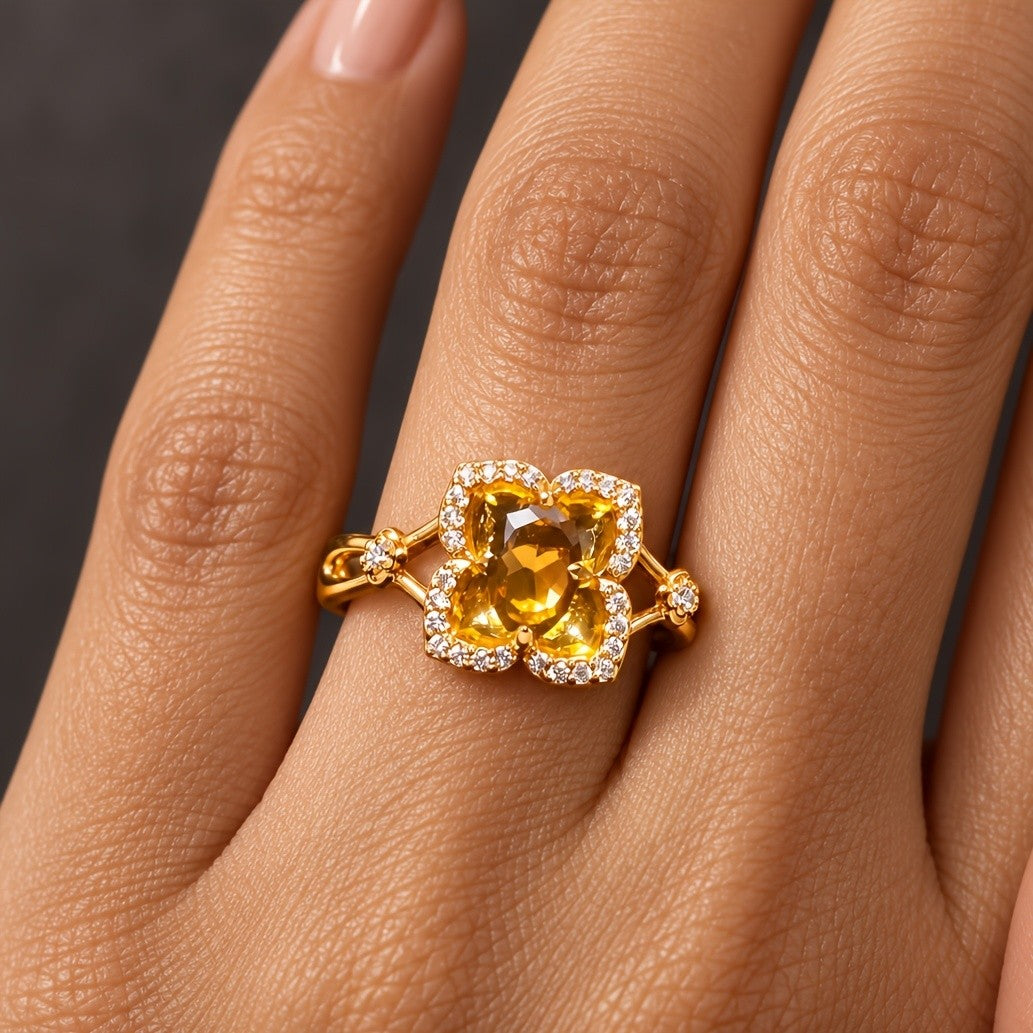 Yellow Crystal Clover Ring