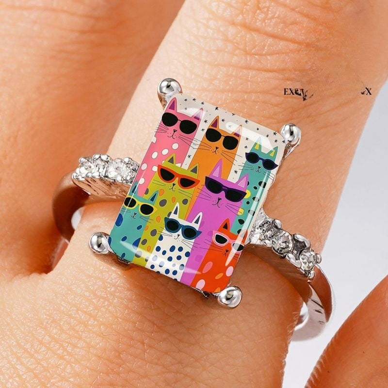 Colorful Sunglasses Cat Square Ring