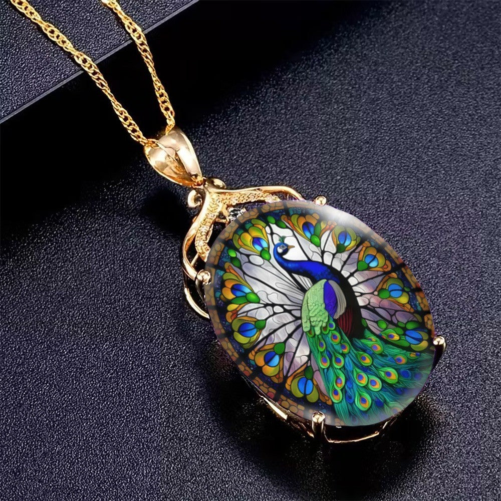 Filigree Peacock Glass Pendant Necklace