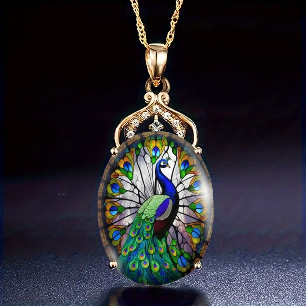 Filigree Peacock Glass Pendant Necklace