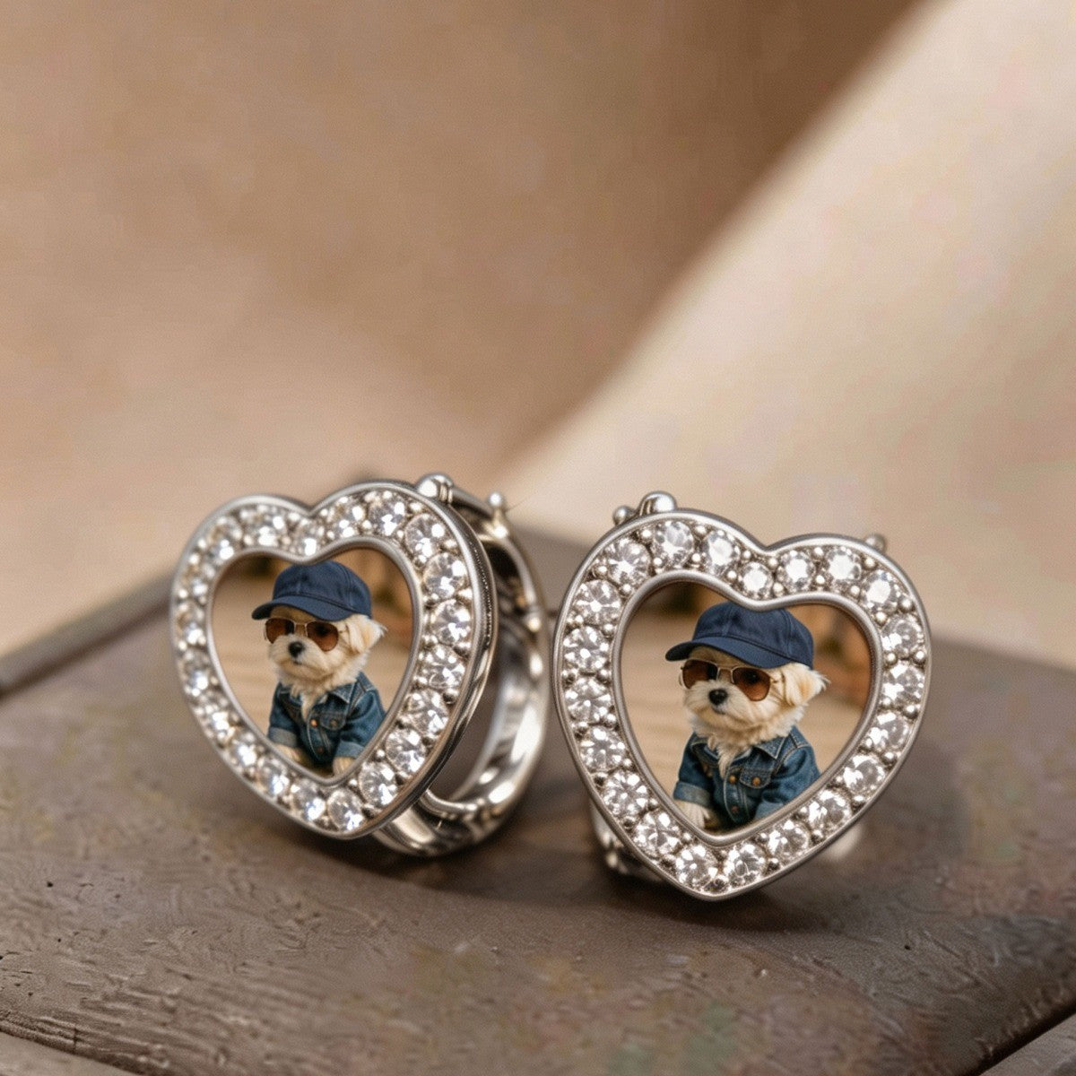 Crystal Heart Denim Puppy Earrings