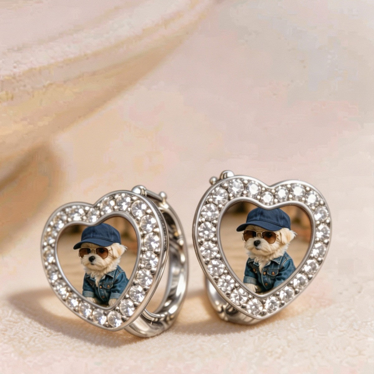 Crystal Heart Denim Puppy Earrings