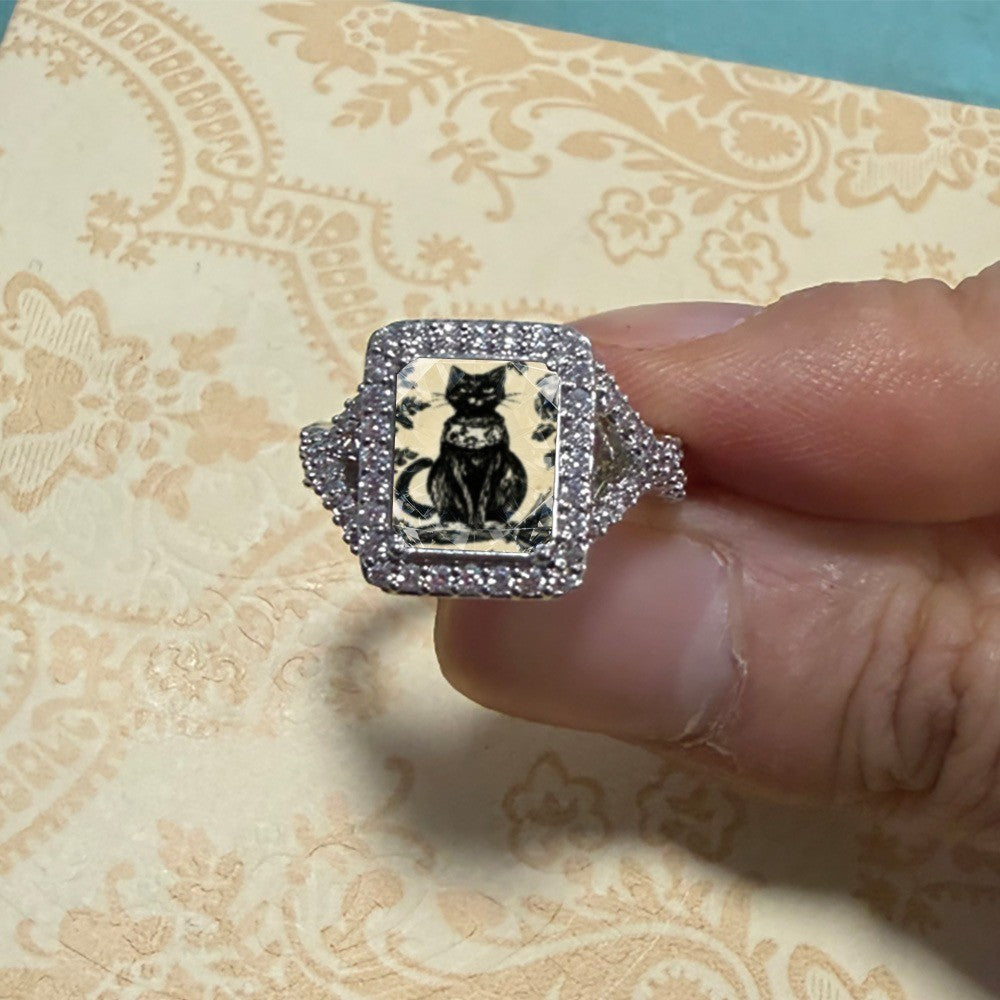 Black Cat Broom Square Ring