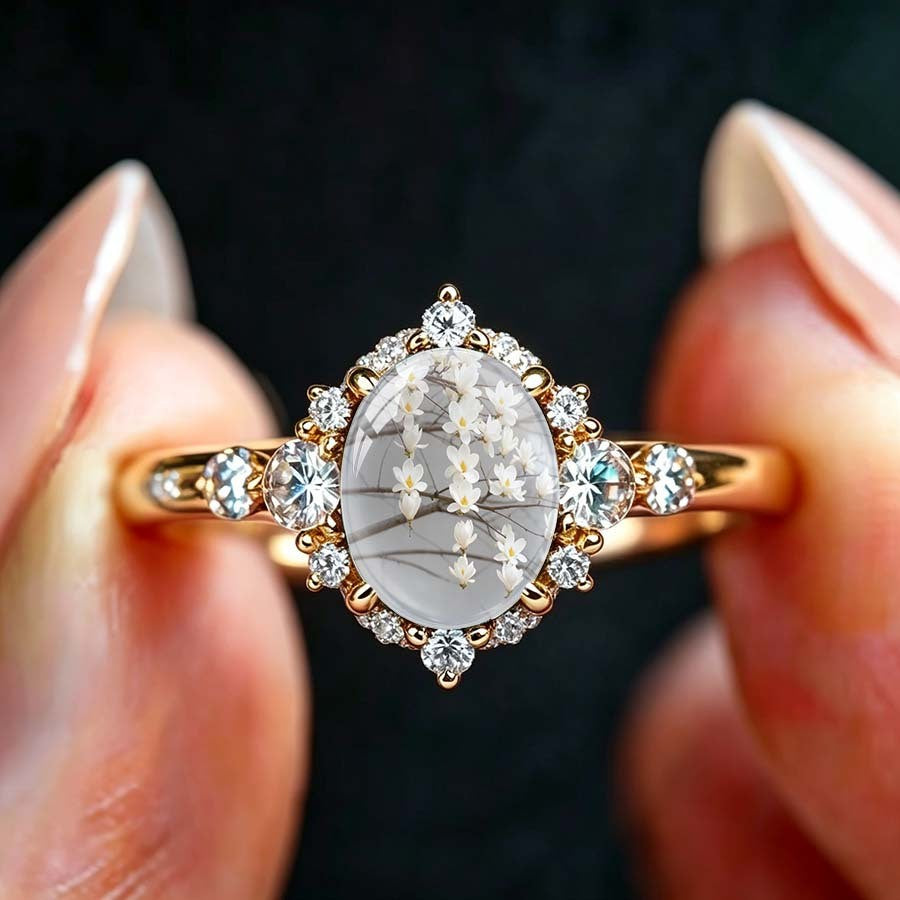 Pressed Flower Oval Ring