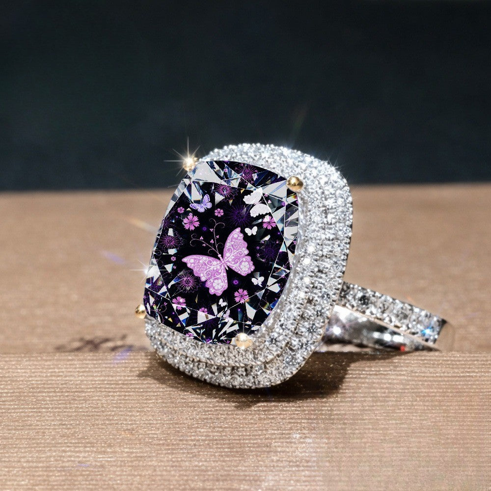Purple Butterfly Night Square Ring