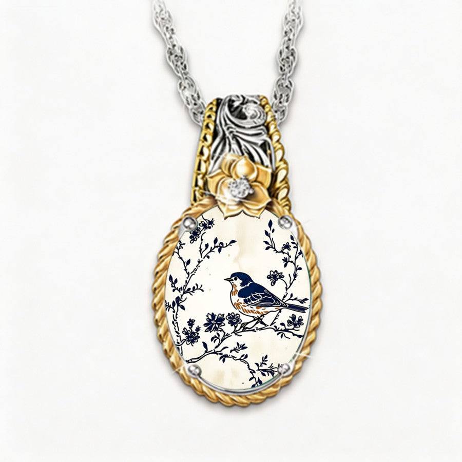 Blue Bird Oval Pendant Necklace