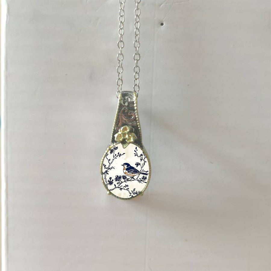 Blue Bird Oval Pendant Necklace