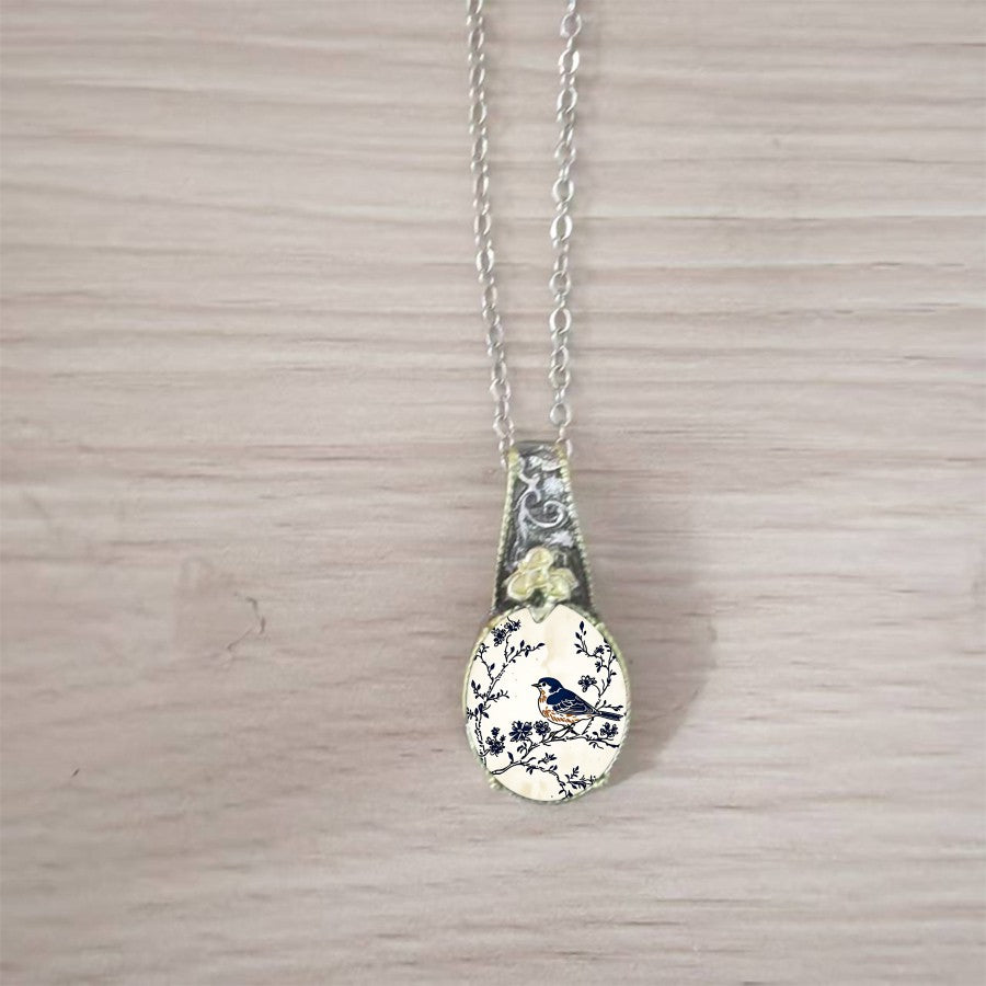 Blue Bird Oval Pendant Necklace
