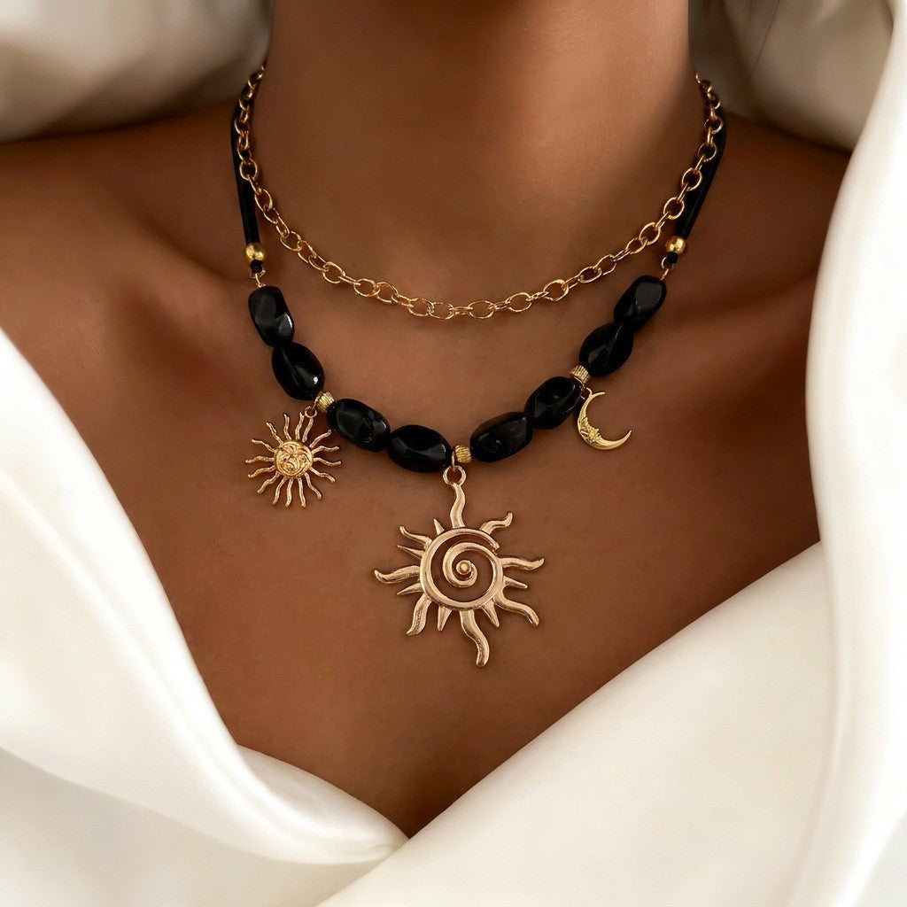 Sun Moon Beaded Layered Necklace Set