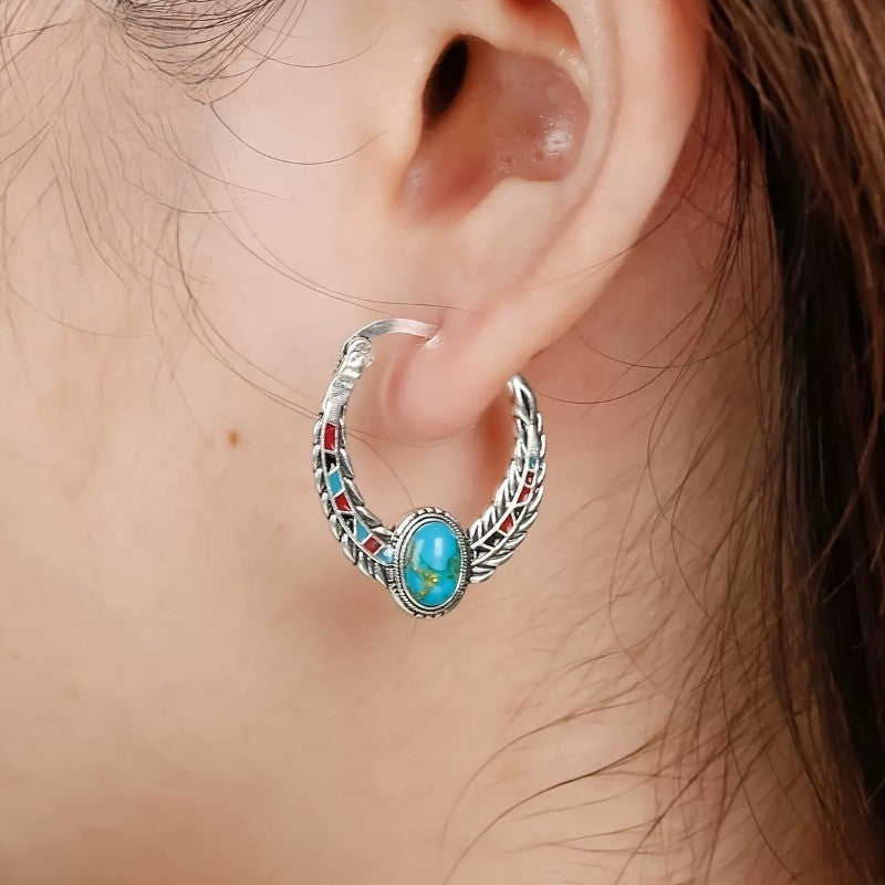 Turquoise Feather Hoop Earrings