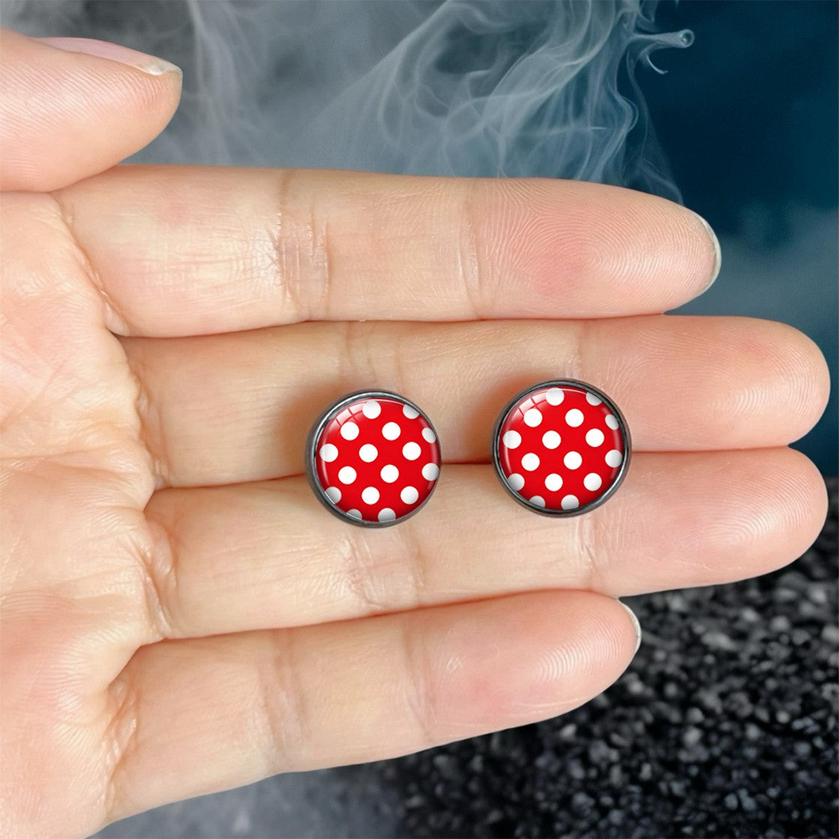 Red Polka Dot Round Stud Earrings
