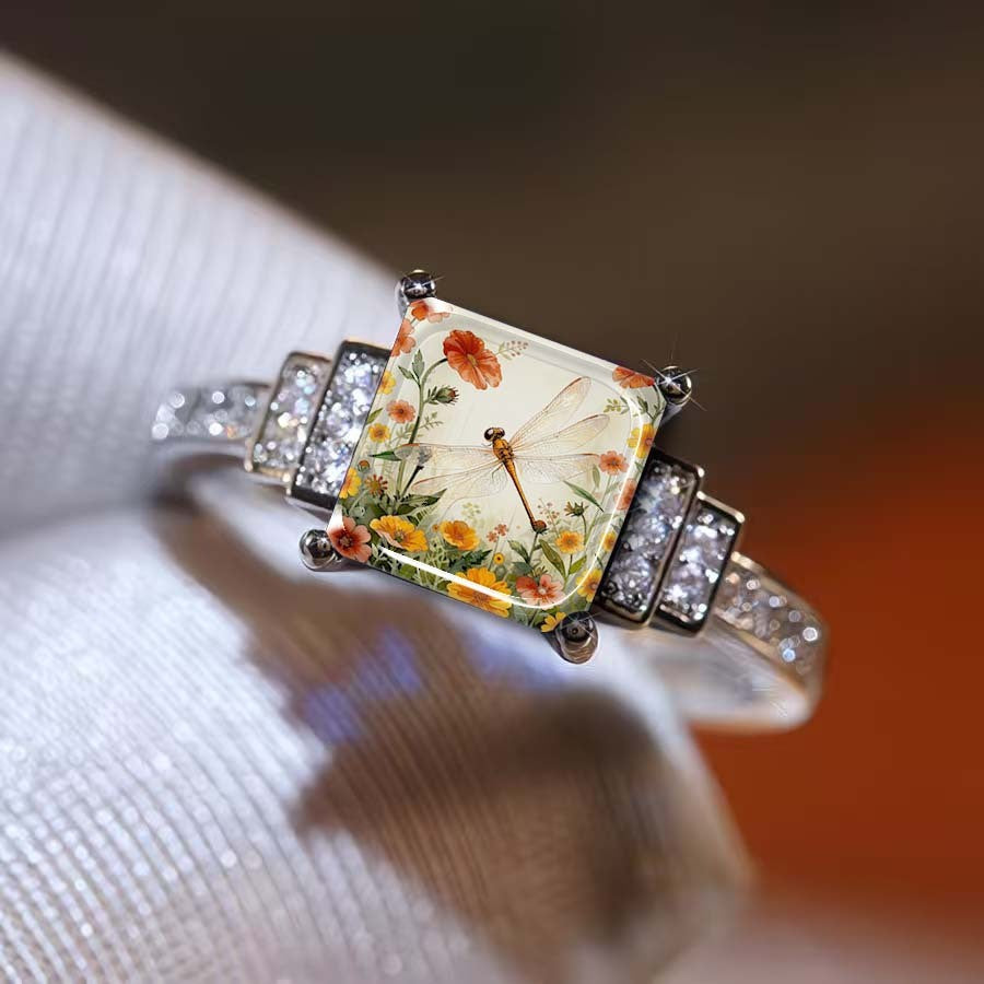 Dragonfly & Wildflower Square Ring