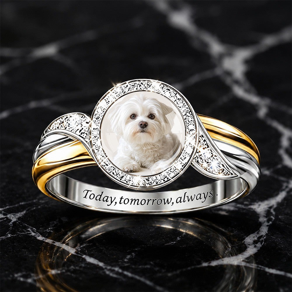 White Dog Portrait Circle Ring