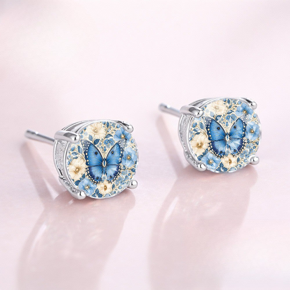 Blue Butterfly Floral Stud Earrings