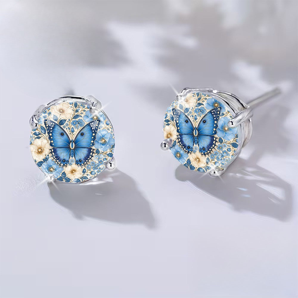 Blue Butterfly Floral Stud Earrings