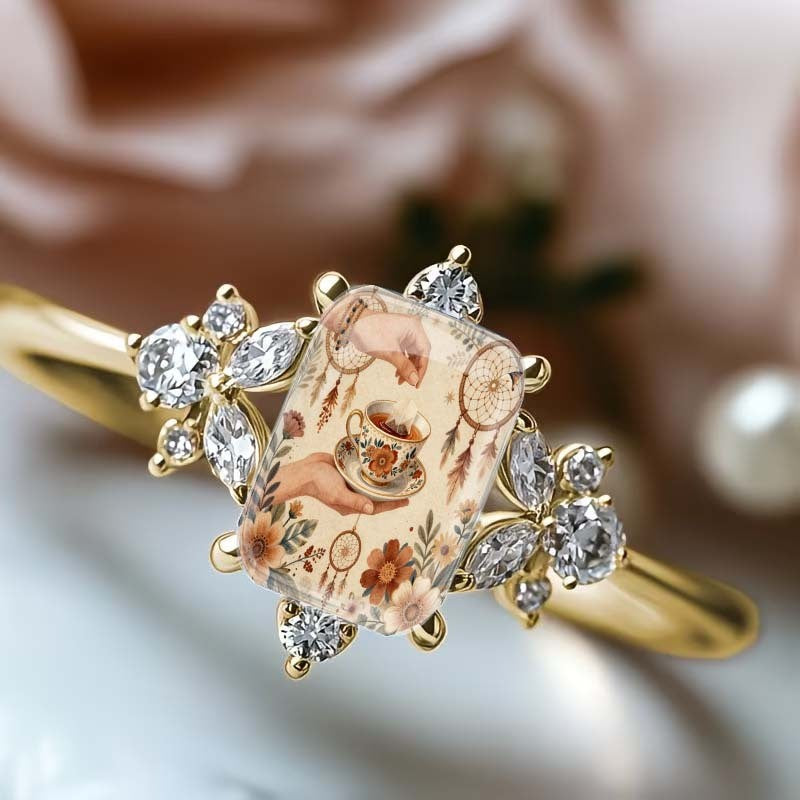 Floral Tea Cup Square Ring
