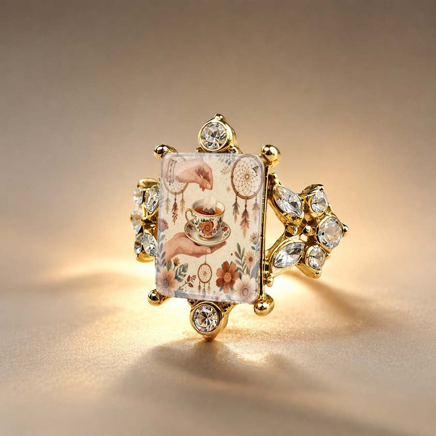 Floral Tea Cup Square Ring