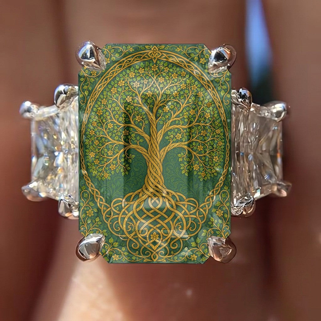 Green Celtic Tree Square Ring