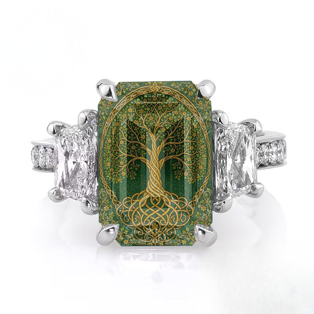 Green Celtic Tree Square Ring