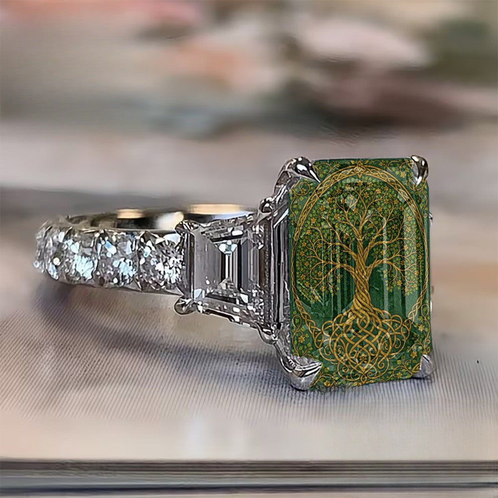 Green Celtic Tree Square Ring