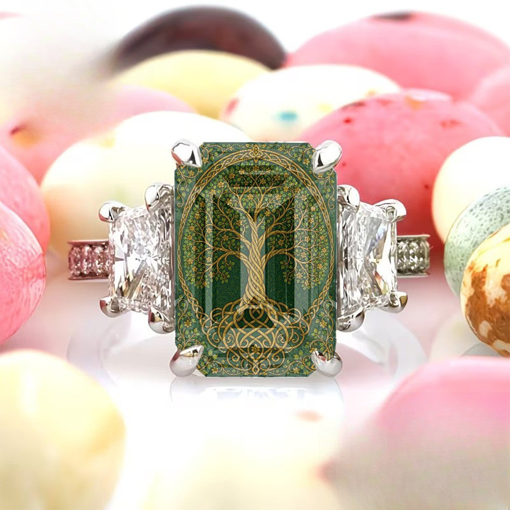Green Celtic Tree Square Ring