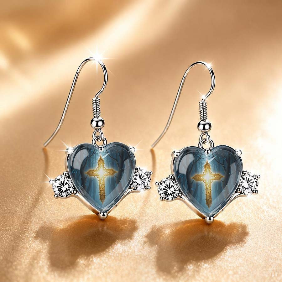Blue Glass Cross Heart Drop Earrings