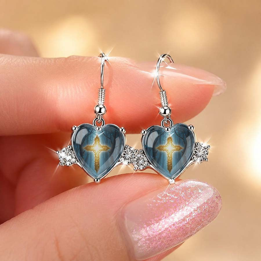Blue Glass Cross Heart Drop Earrings