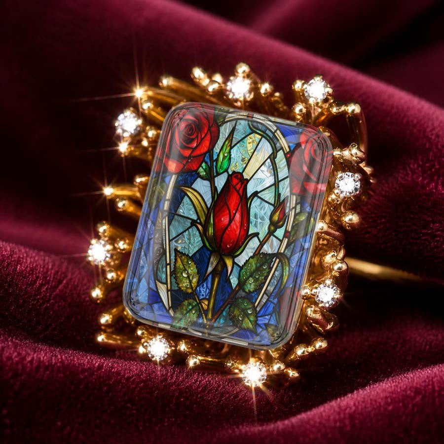 Red Rose Stained Glass Sunburst Ring