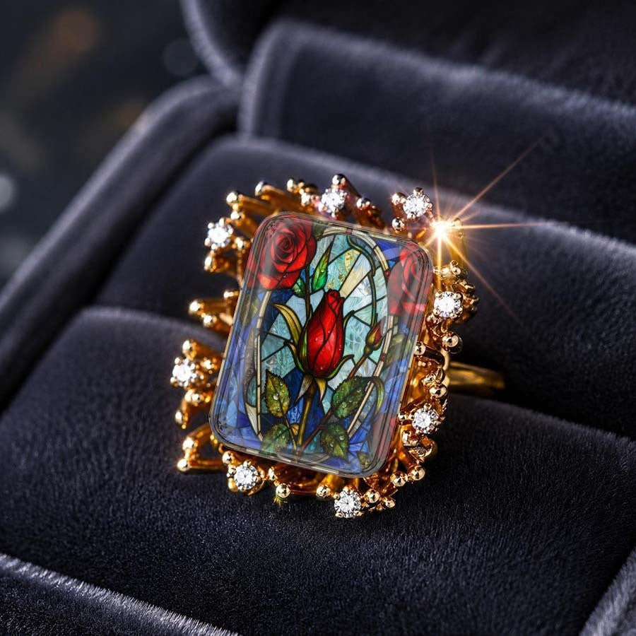 Red Rose Stained Glass Sunburst Ring