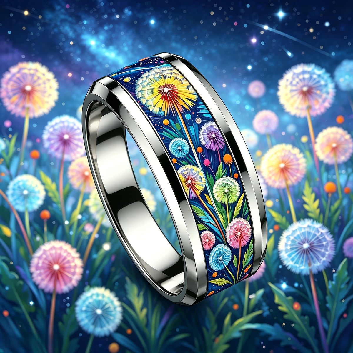 Colorful Dandelion Night Sky Ring