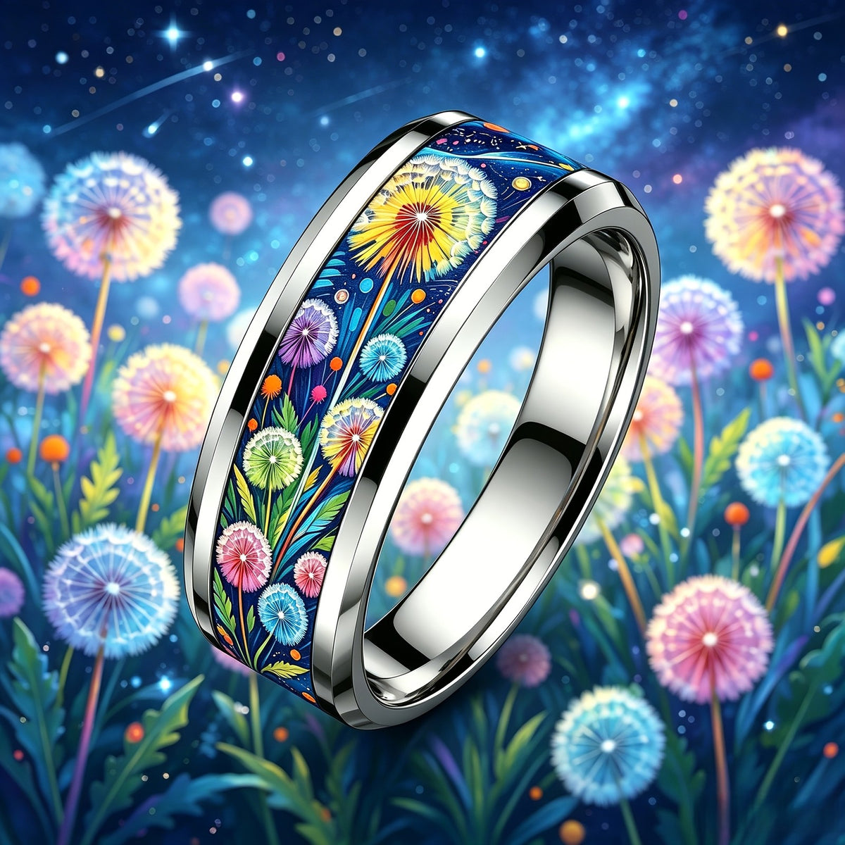 Colorful Dandelion Night Sky Ring