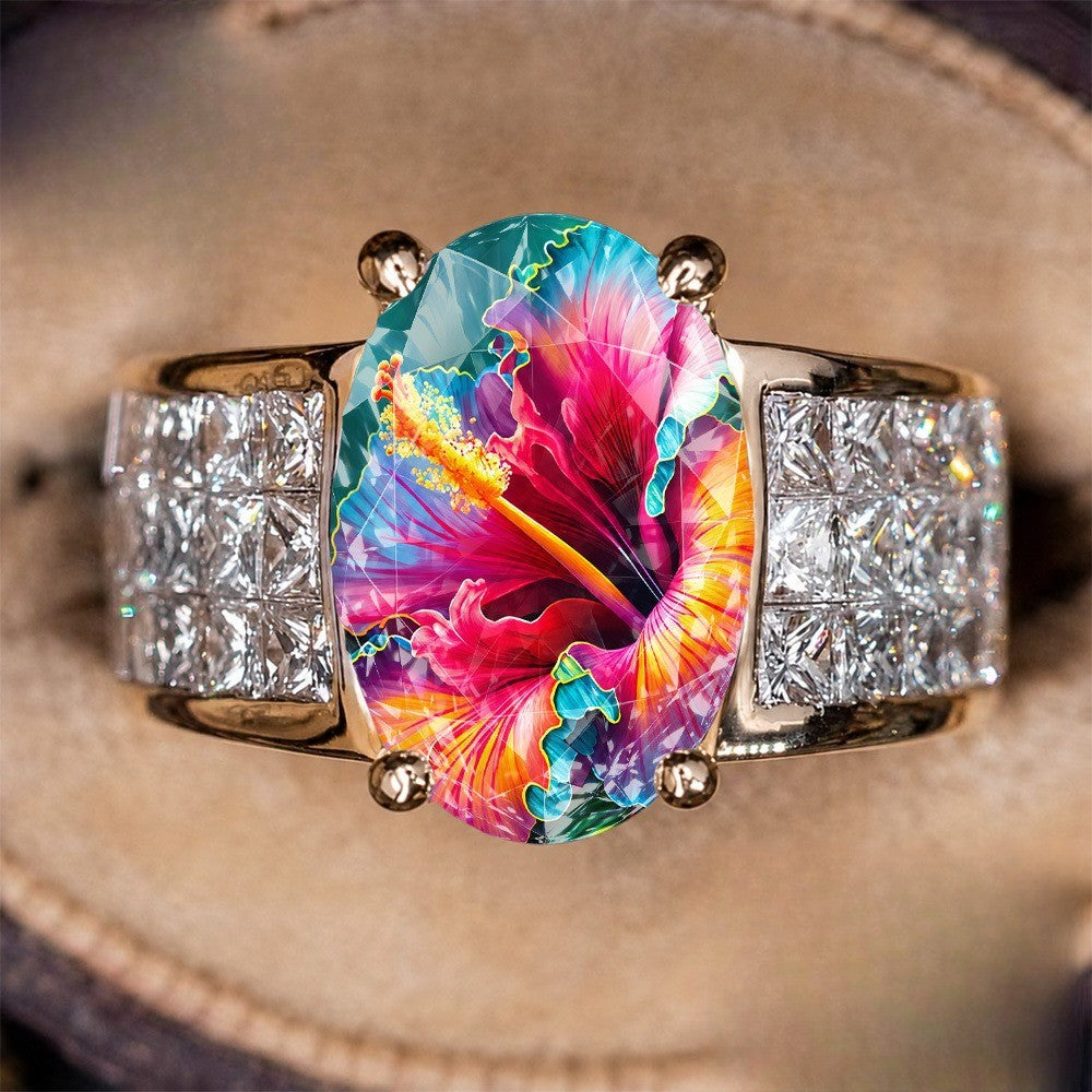 Colorful Hibiscus Oval Ring