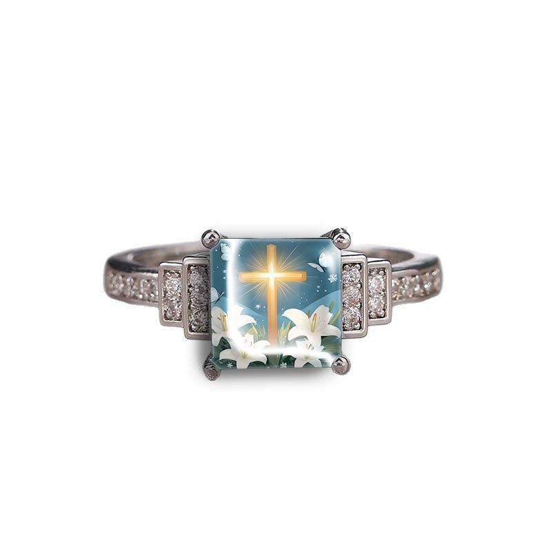 Square Cross & Lily Ring