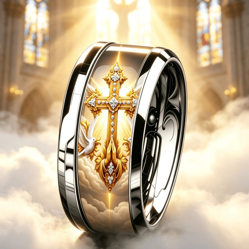 Praying Hands & Cross Wide Band Ring