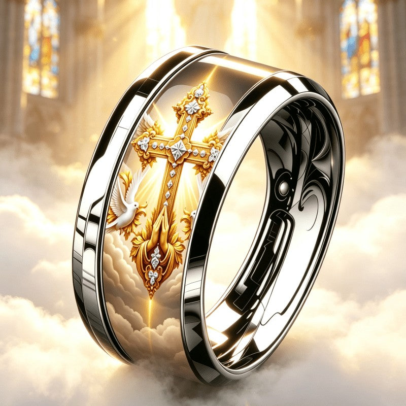 Praying Hands & Cross Wide Band Ring