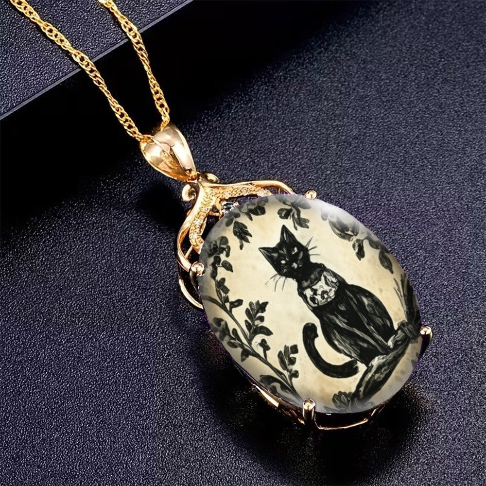 Black Cat Vine Oval Pendant Necklace