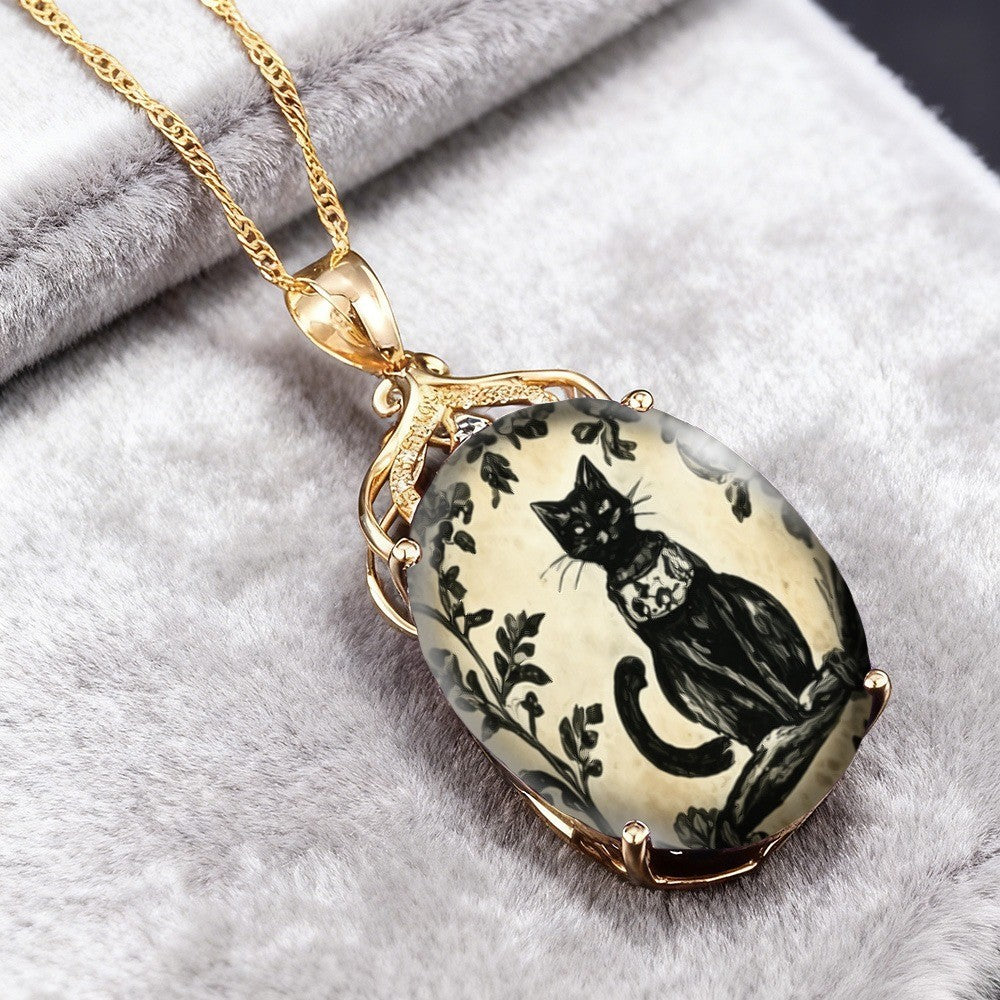 Black Cat Vine Oval Pendant Necklace