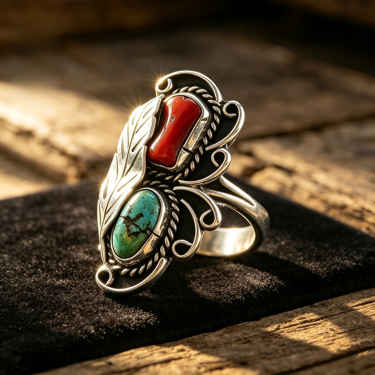 Turquoise & Red Stone Feather Ring