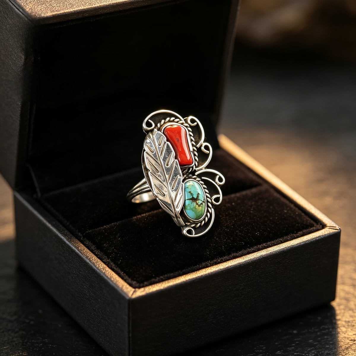Turquoise & Red Stone Feather Ring