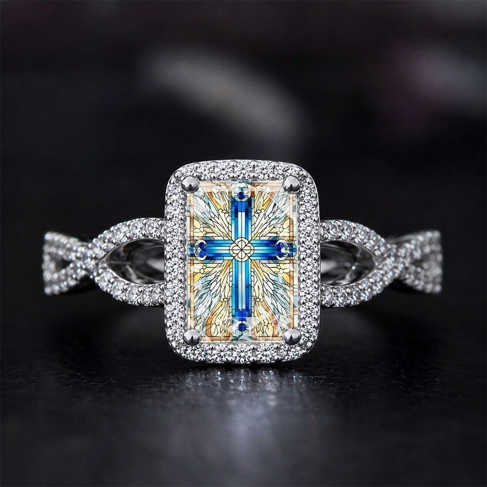 Stained Glass Cross & Rays Square Ring