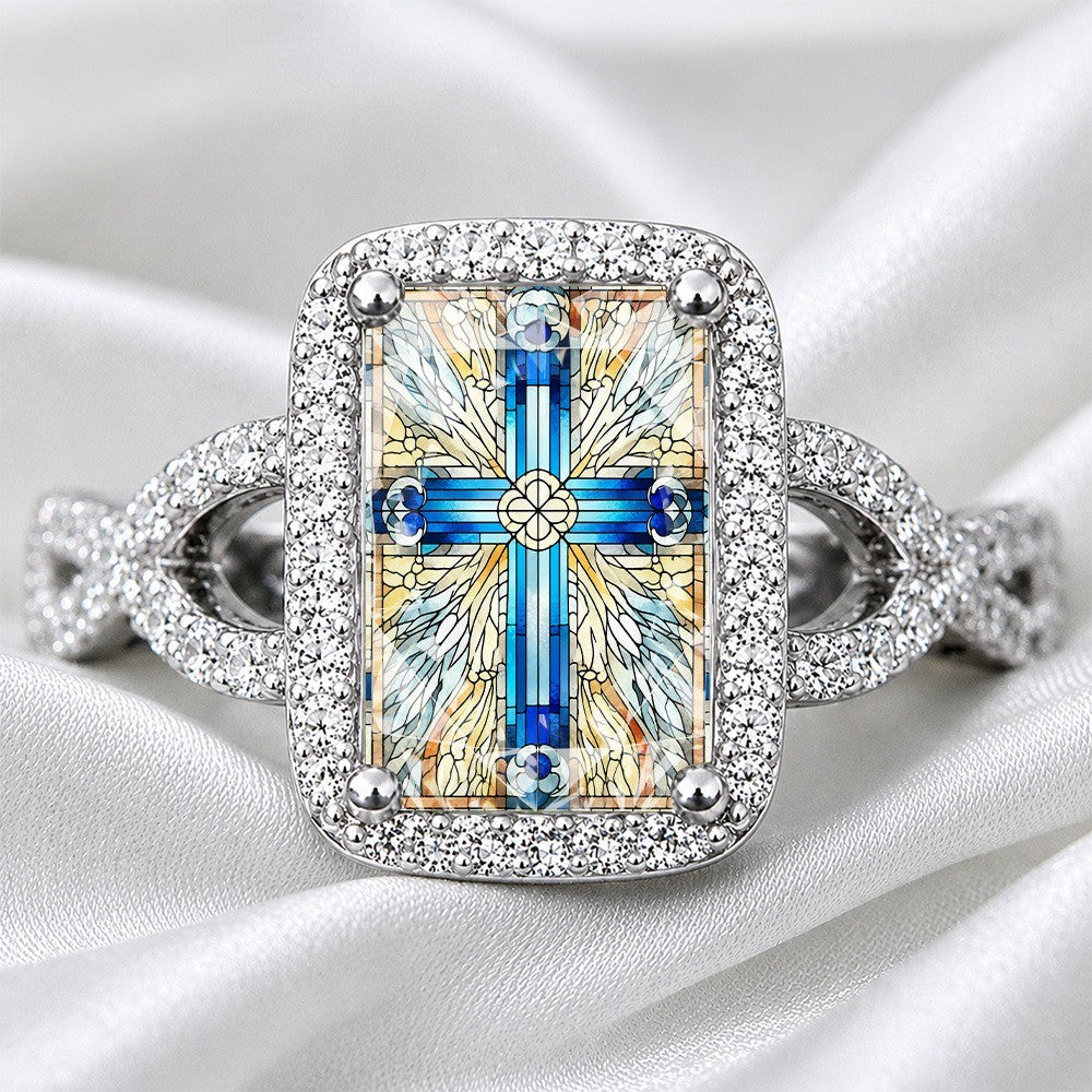 Stained Glass Cross & Rays Square Ring