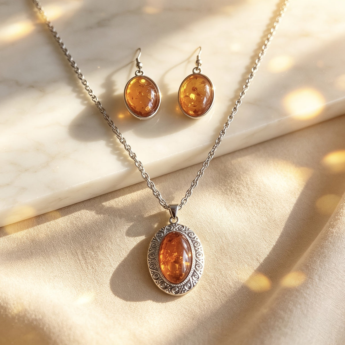 Ornate Amber Oval Necklace & Earring Set