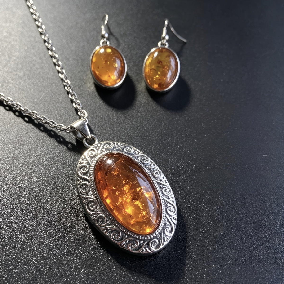 Ornate Amber Oval Necklace & Earring Set