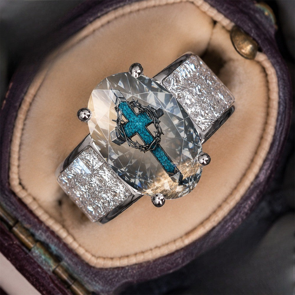 Blue Cross & Crown of Thorns Oval Ring
